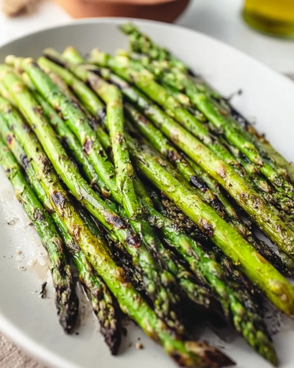 Grilled asparagus arranged on a plate, showcasing vibrant color and grill marks.