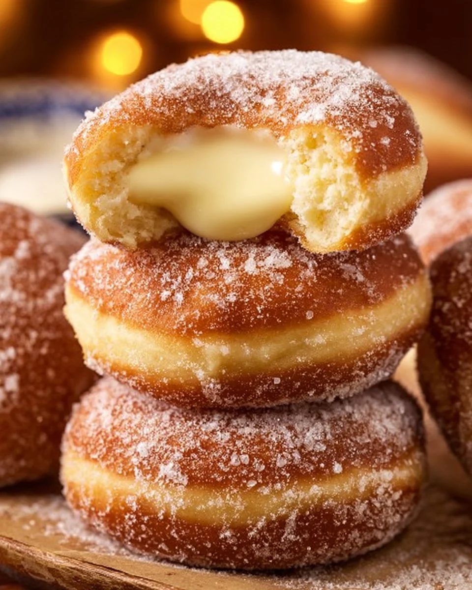 Delicious bomboloni - traditional Italian donuts filled with jam and sugar.