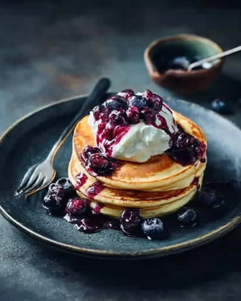 Lemon ricotta hotcakes topped with blueberry syrup on a plate
