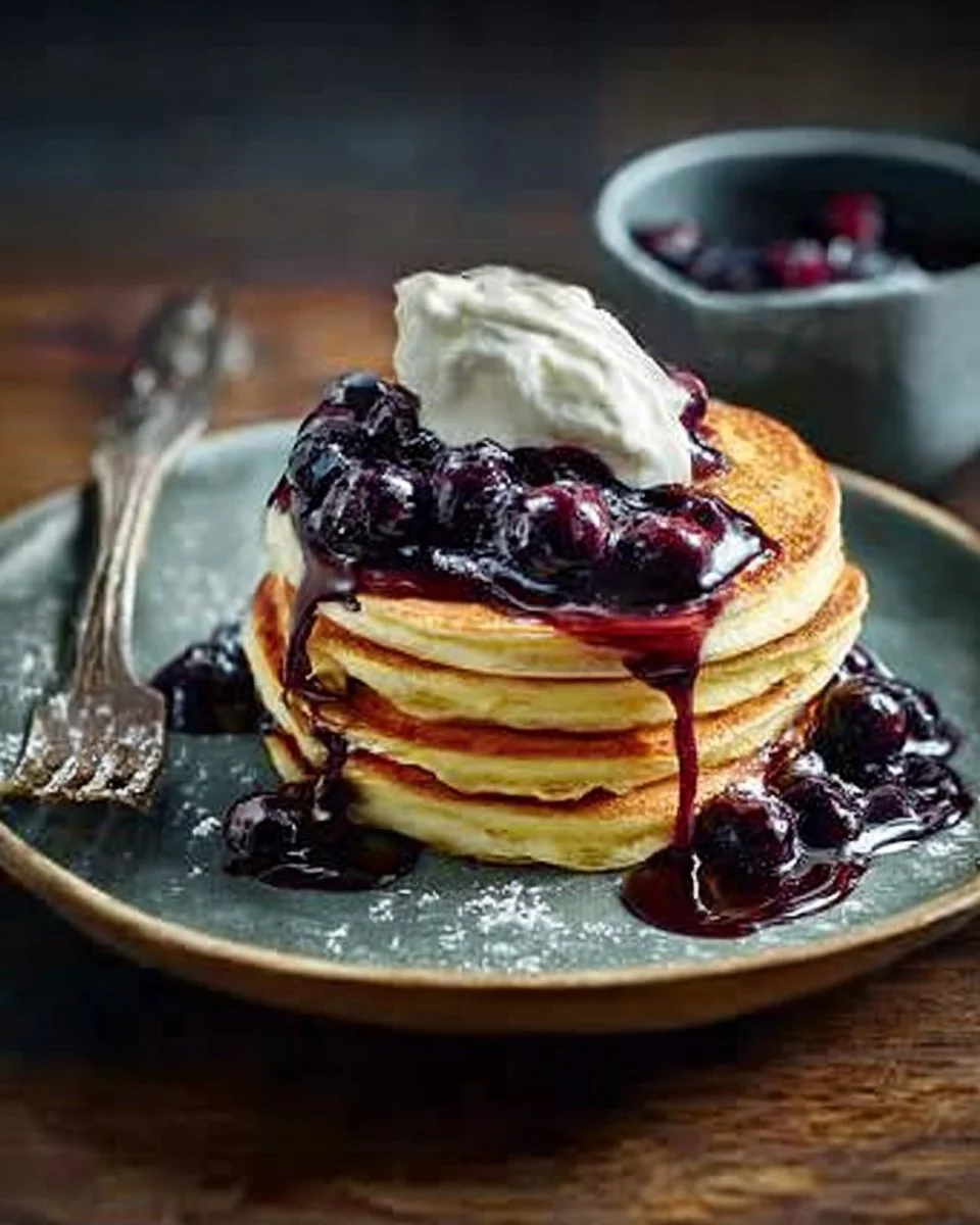 Lemon and Ricotta Hotcakes with Blueberry Syrup Recipe | Waitrose and Partners
