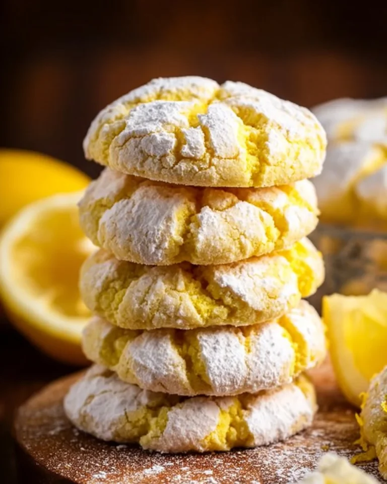 Freshly baked Lemon Crinkle Cookies on a cooling rack