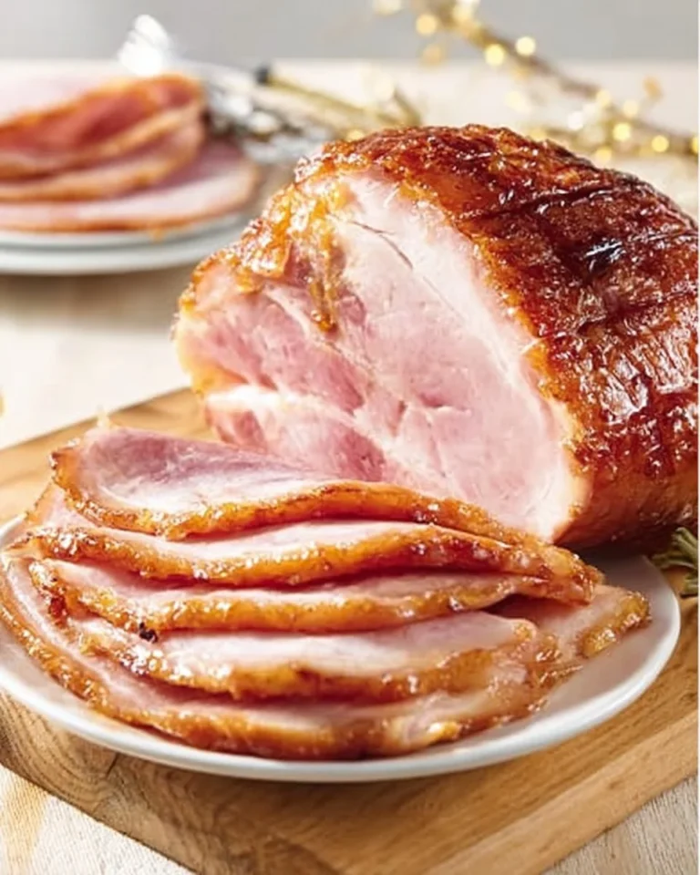 Delicious Maple Glazed Ham served on a platter, garnished with herbs.