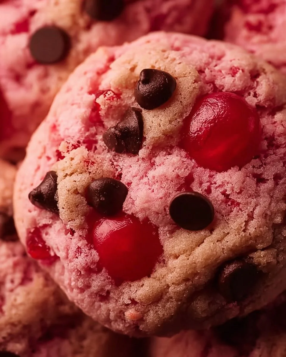 Maraschino cherry chocolate chip cookies on a plate