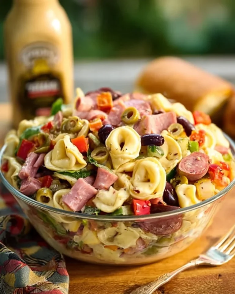 Muffaletta Tortellini Salad with olives, meats, and cheeses on a serving plate
