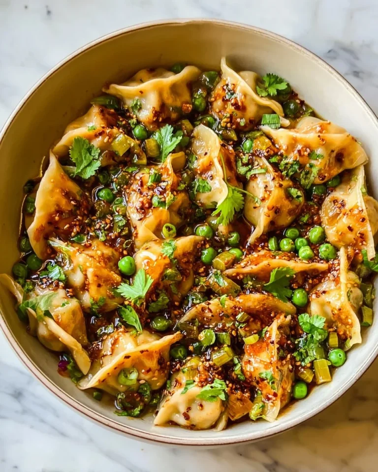 One pan dumpling dinner with vibrant vegetables and savory dumplings