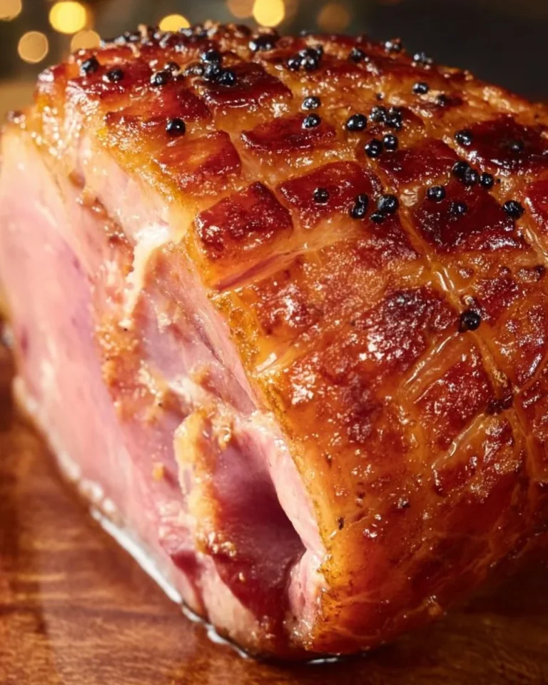 A delicious orange honey glazed ham served on a platter