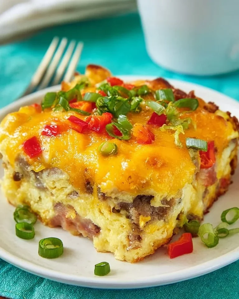 Delicious Overnight Cheesy Breakfast Casserole topped with melted cheese and herbs.
