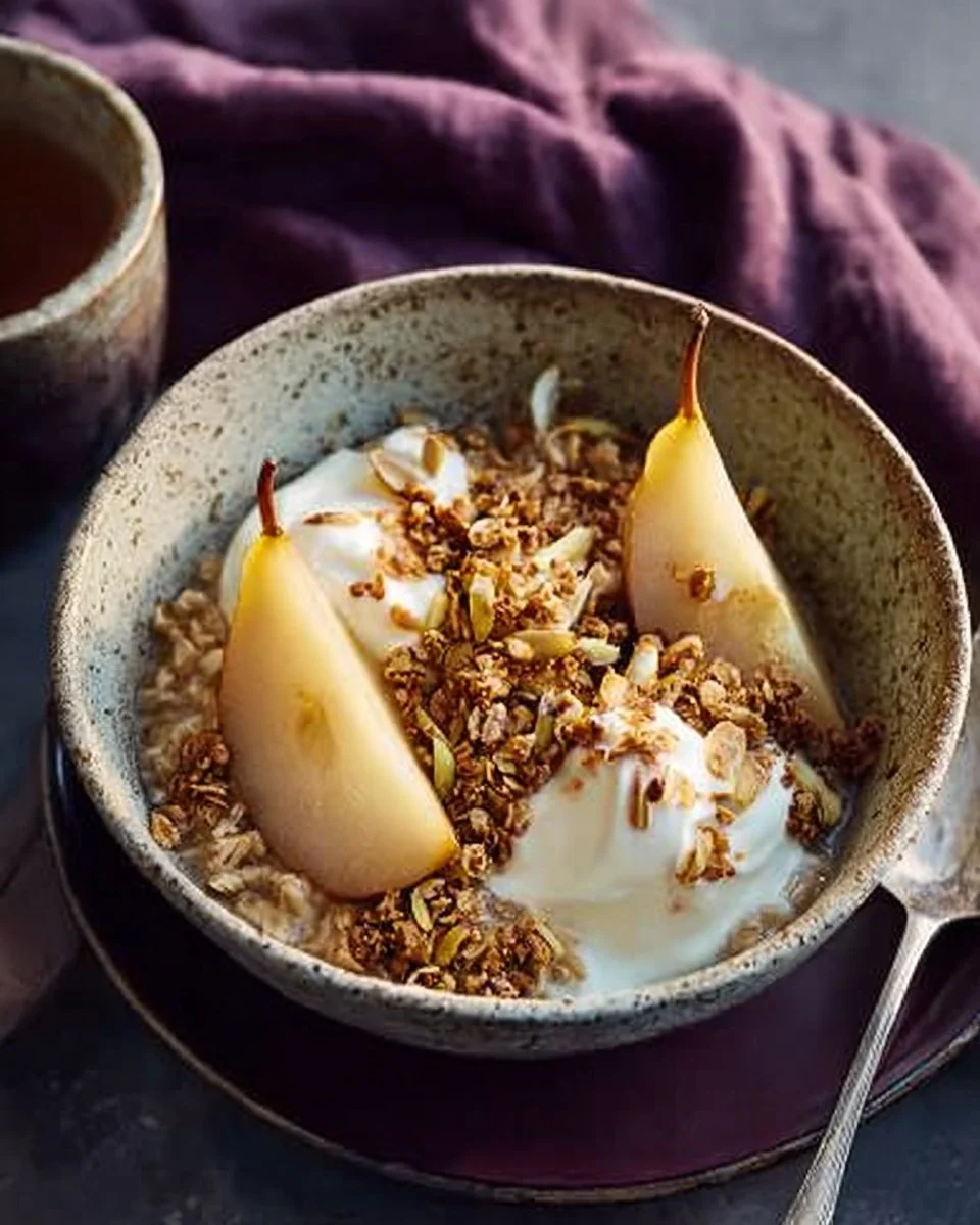 Overnight Oats With Cardamom-poached Pears, Peanut Butter & Granola Recipe | Waitrose & Partners