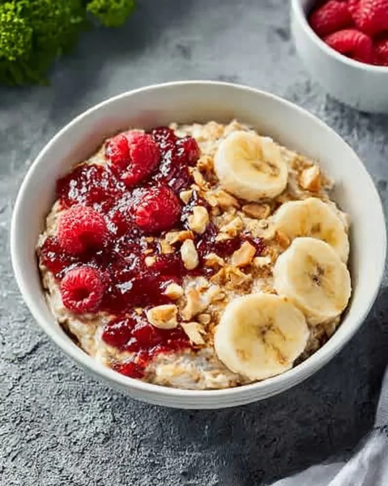 Bowl of PB&J porridge topped with berries and peanut butter