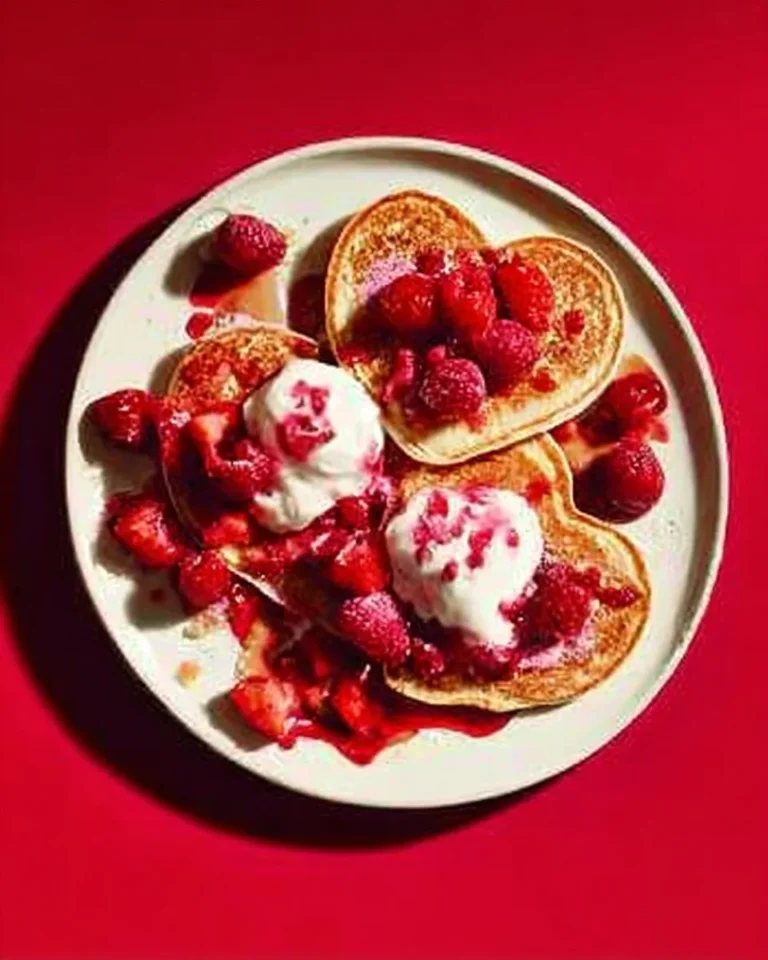 Delicious pink pancake hearts arranged on a plate for a festive breakfast.