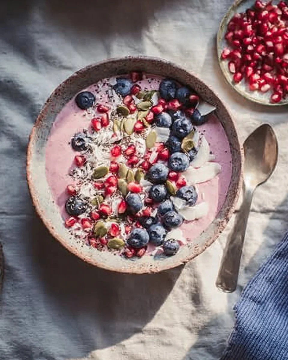Delicious Pomegranate Smoothie Bowl topped with fresh fruits and seeds