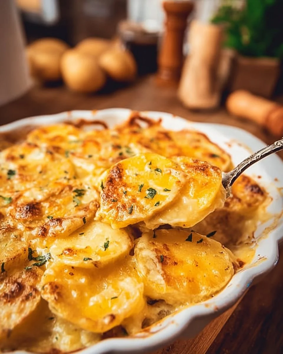 Potatoes Au Gratin translates to "Gratinated Potatoes" in English.