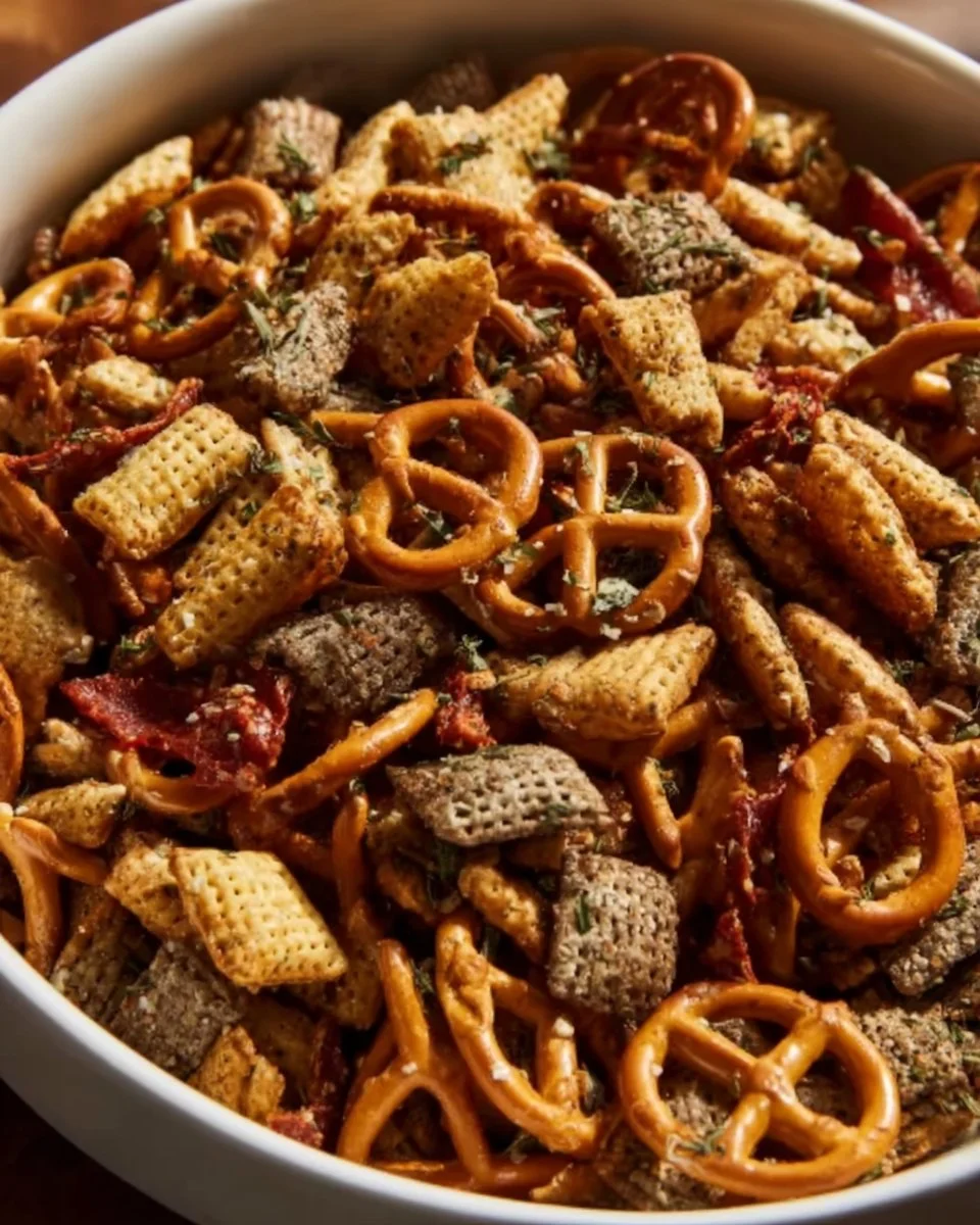 Delicious Ranch Pretzel Snack Mix in a bowl ready for snacking