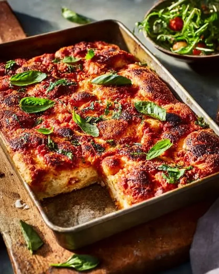 Delicious freshly baked sheet pan pizza with toppings