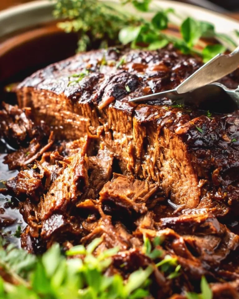Slow cooker beef brisket with homemade BBQ sauce served on a plate