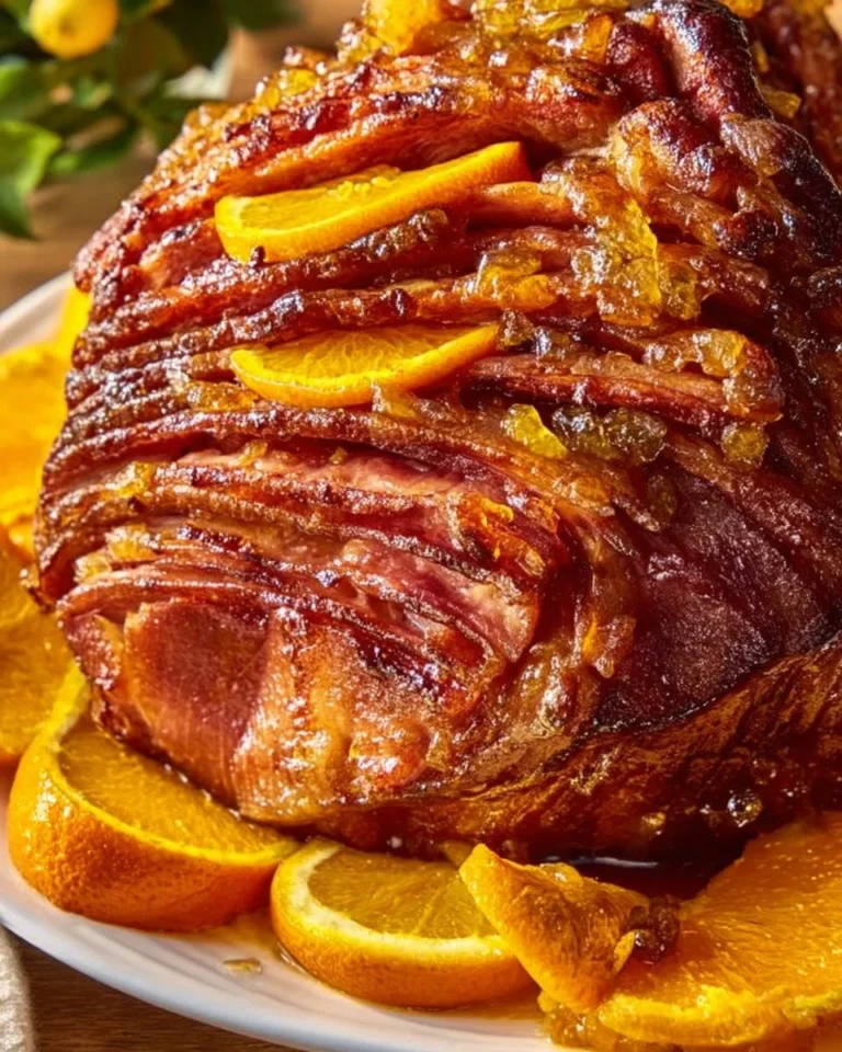 Slow Cooker Orange Honey Ham garnished with herbs on a serving platter
