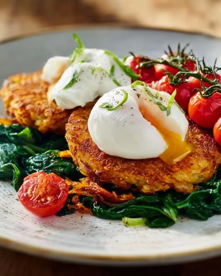 Soft-poached eggs served on sweet potato hash browns
