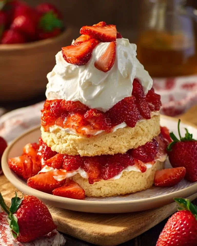 Delicious Southern-style strawberry shortcake topped with fresh strawberries and whipped cream