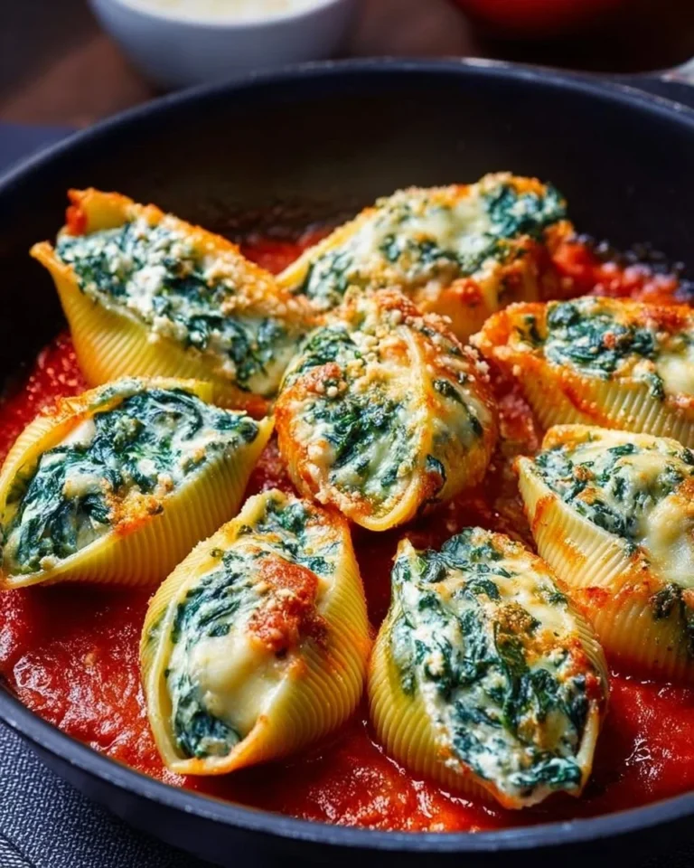 Plate of spinach and ricotta stuffed shells garnished with herbs.