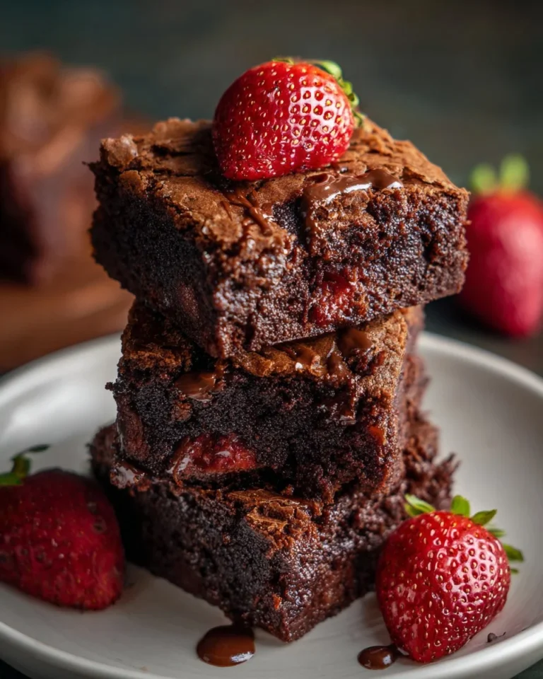 Delicious strawberry brownies topped with fresh strawberries and chocolate drizzle.