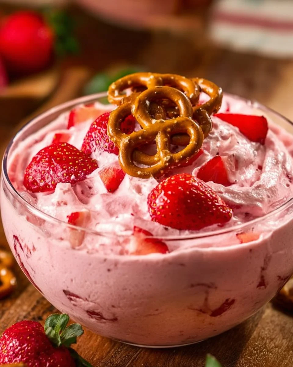 Strawberry cheesecake salad with pretzels in a bowl garnished with fresh strawberries.
