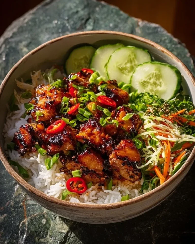Sweet Chili Chicken Rice Bowl garnished with vegetables and herbs