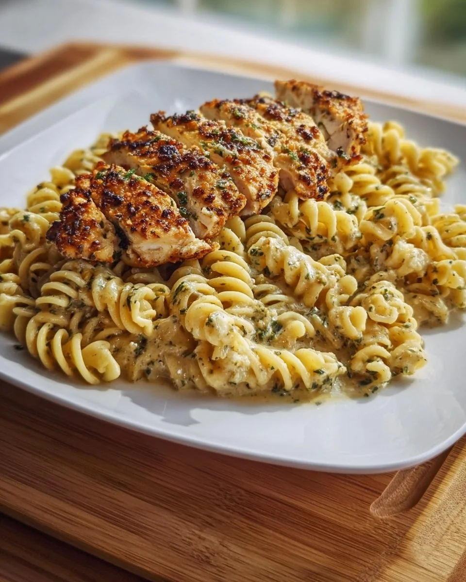 Creamy garlic parmesan chicken pasta served in a bowl with herbs and parmesan.