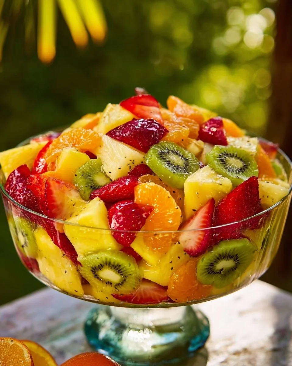Colorful tropical fruit salad featuring pineapple, mango, and kiwi