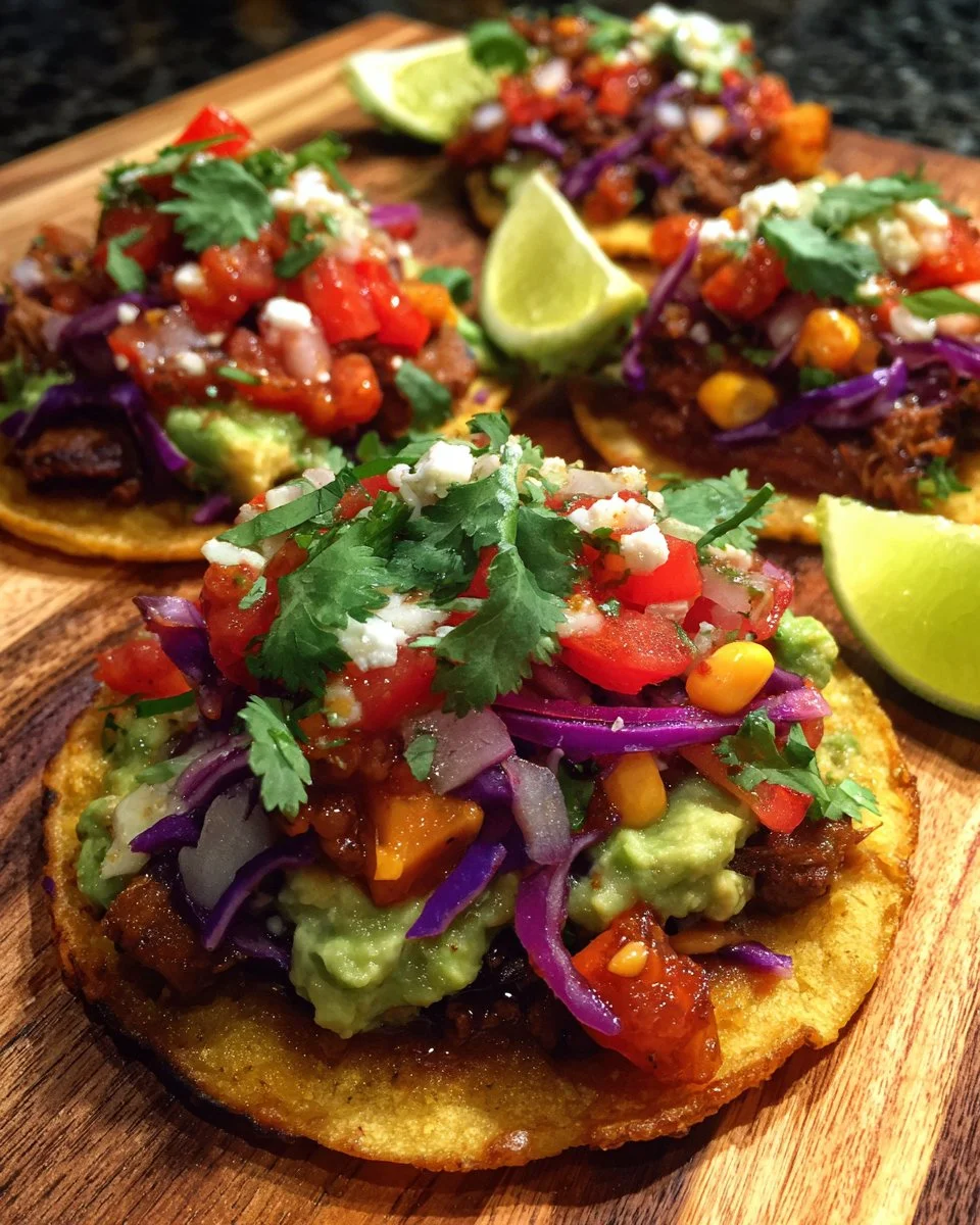 Delicious and colorful vegetarian tostadas topped with fresh ingredients.