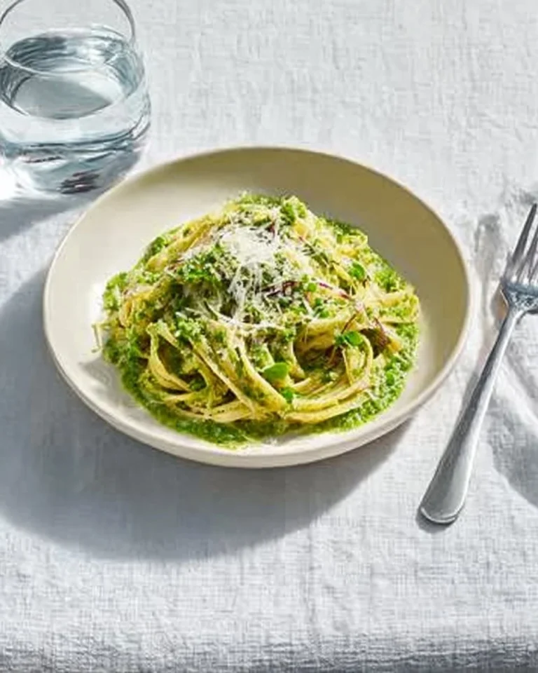 Delicious wholewheat pasta served with kale, pea, and walnut pesto