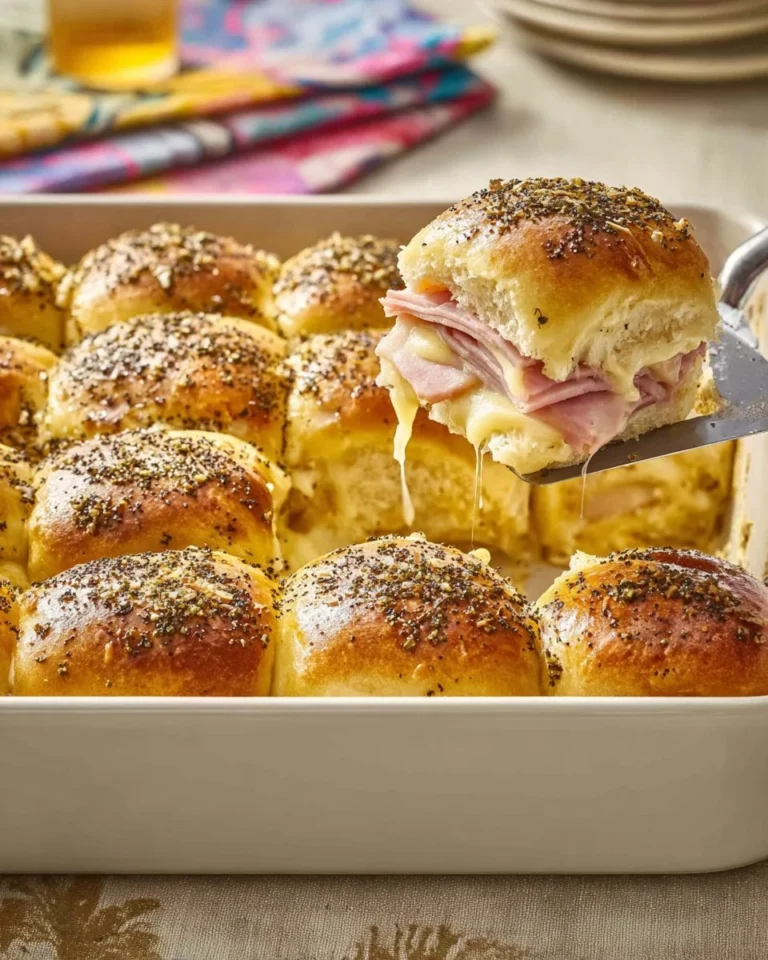 Baked ham and cheese sliders on a platter, perfect for gatherings