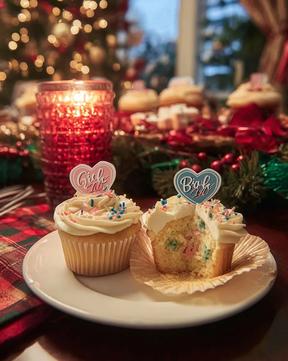 Delicious gender reveal cupcakes with colorful filling for a fun gender reveal party