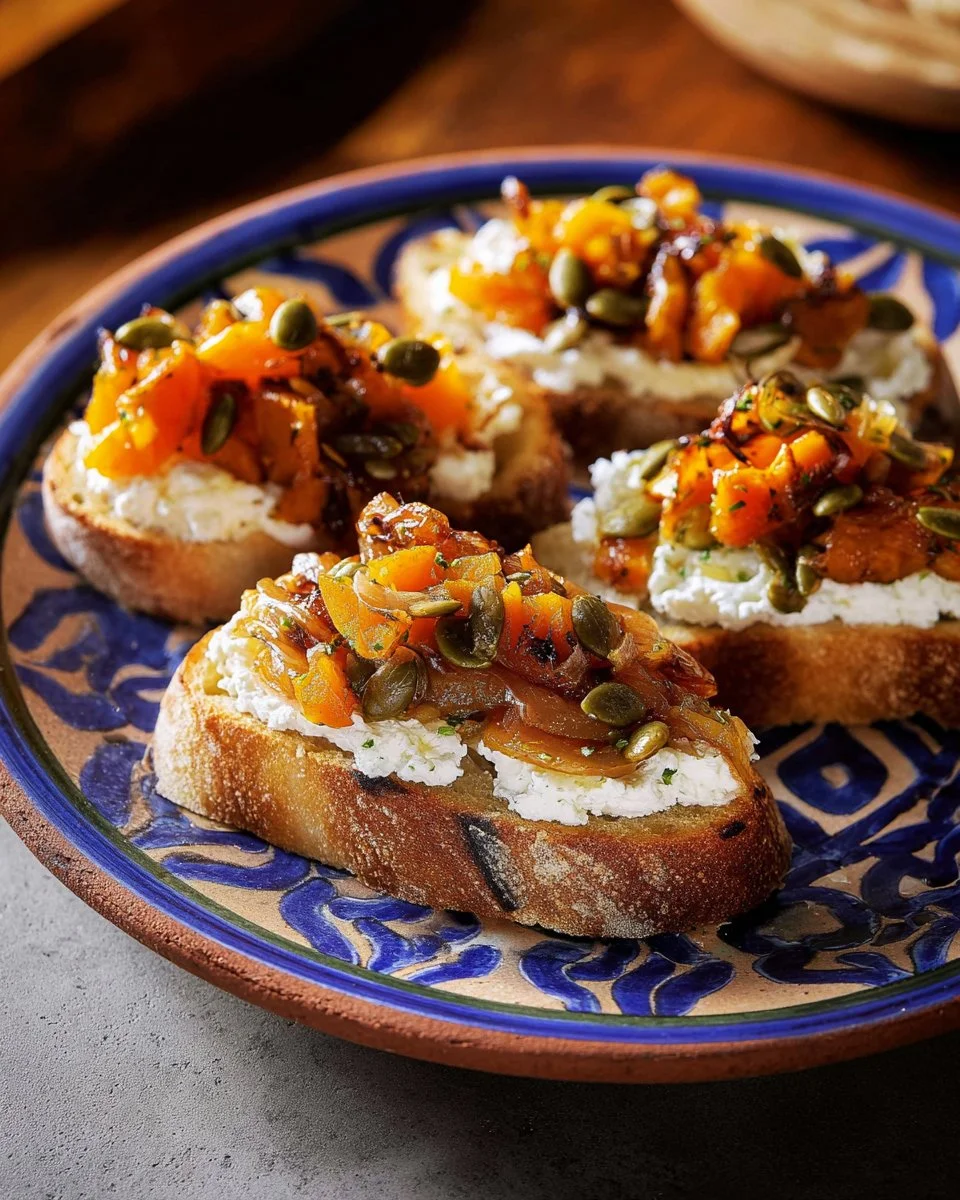 Butternut squash bruschettas with queso fresco on a rustic wooden board