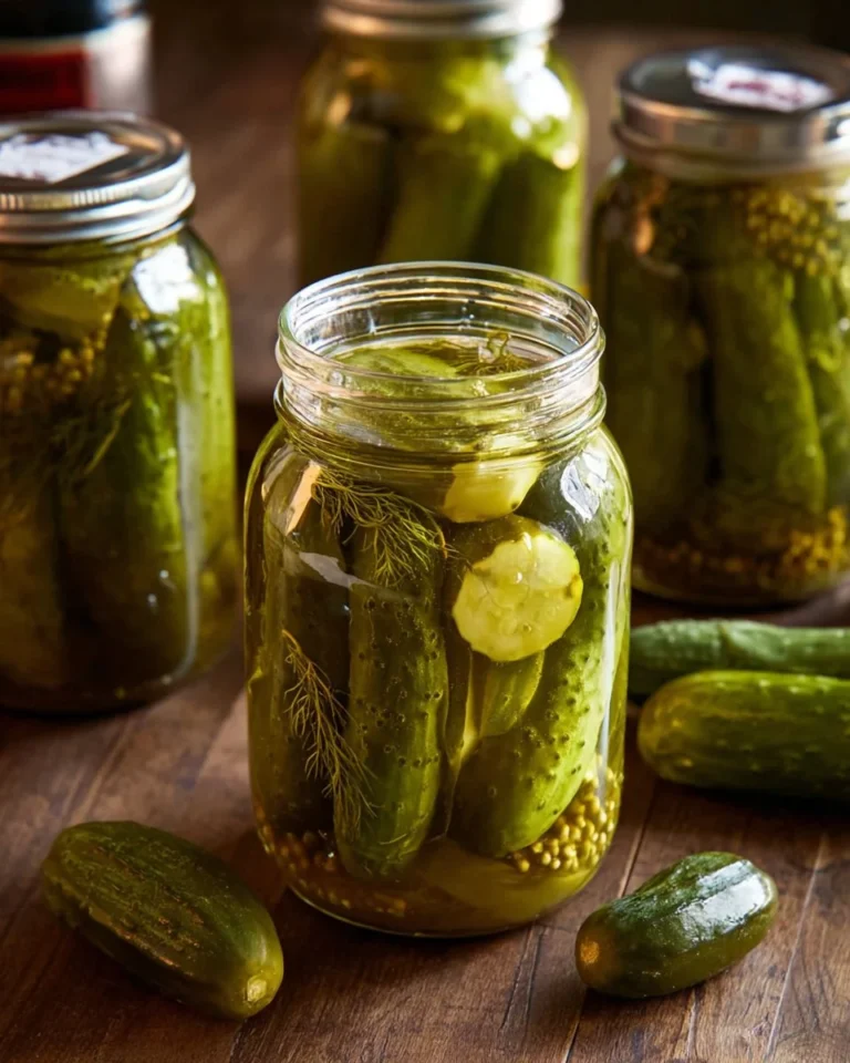Canned dill pickles in a jar with fresh dill and spices
