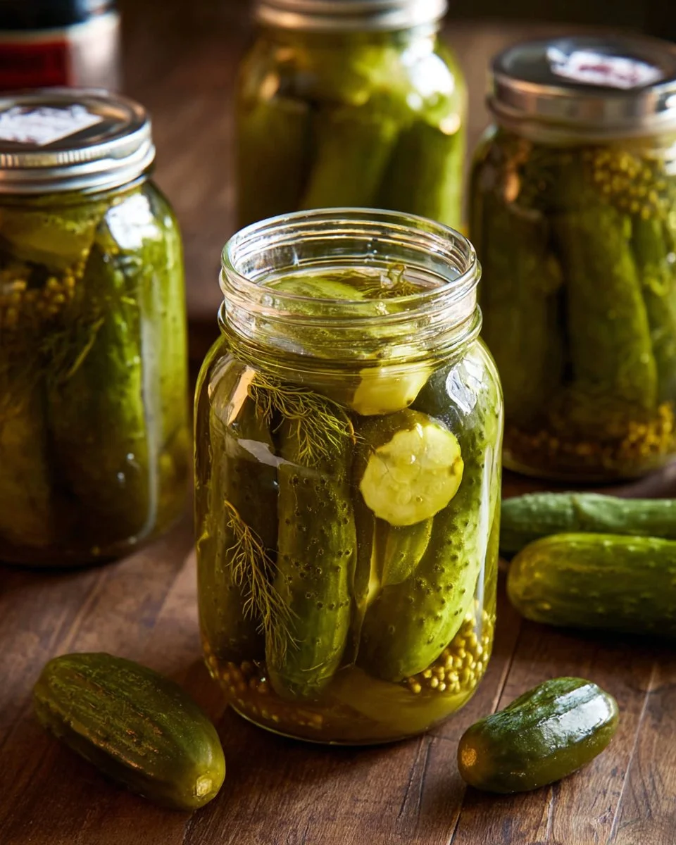 Canned dill pickles in a jar with fresh dill and spices