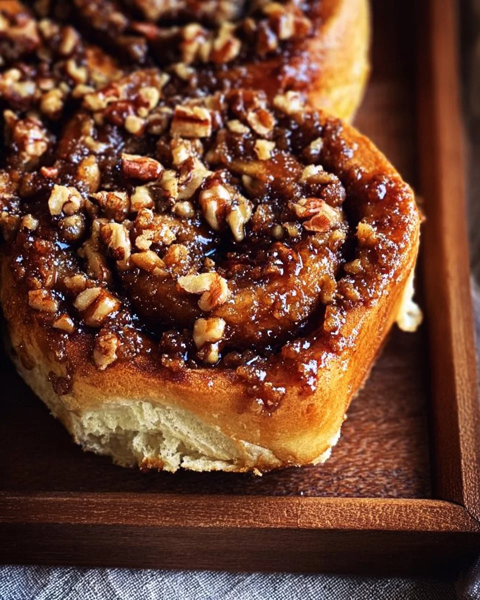Warm caramel pecan sticky buns topped with gooey sauce and pecans