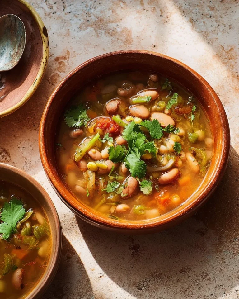 A bowl of delicious charro beans garnished with cilantro and diced onions.