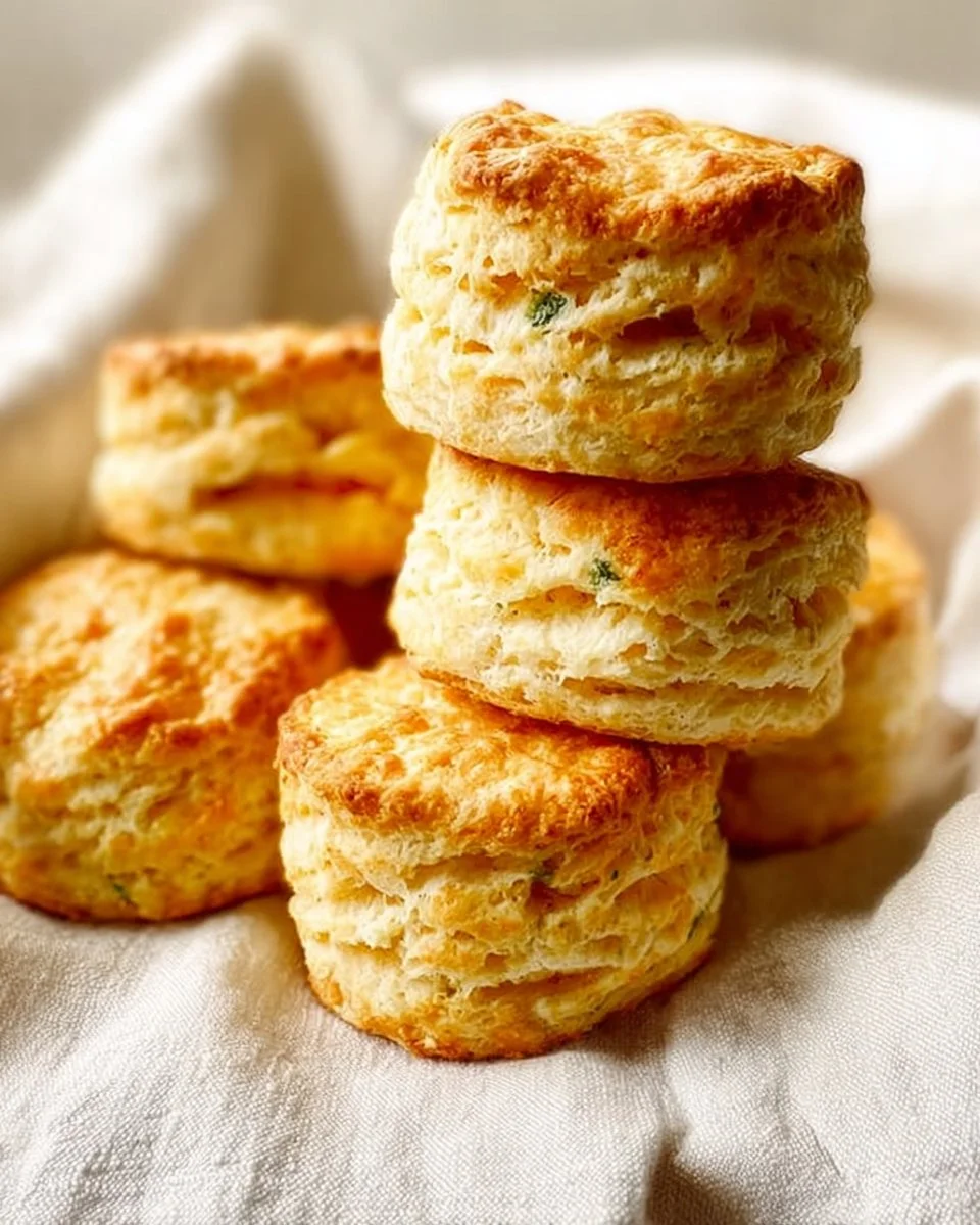 Cheddar Garlic & Chive Buttermilk Biscuits served on a wooden table.