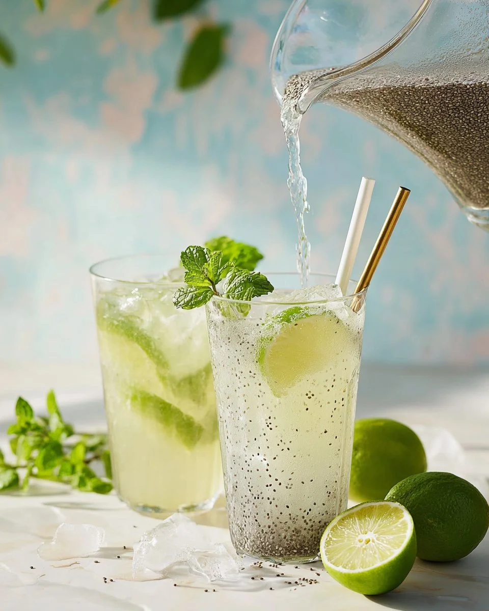 Chia Lime Refreshment drink with chia seeds and lime garnish