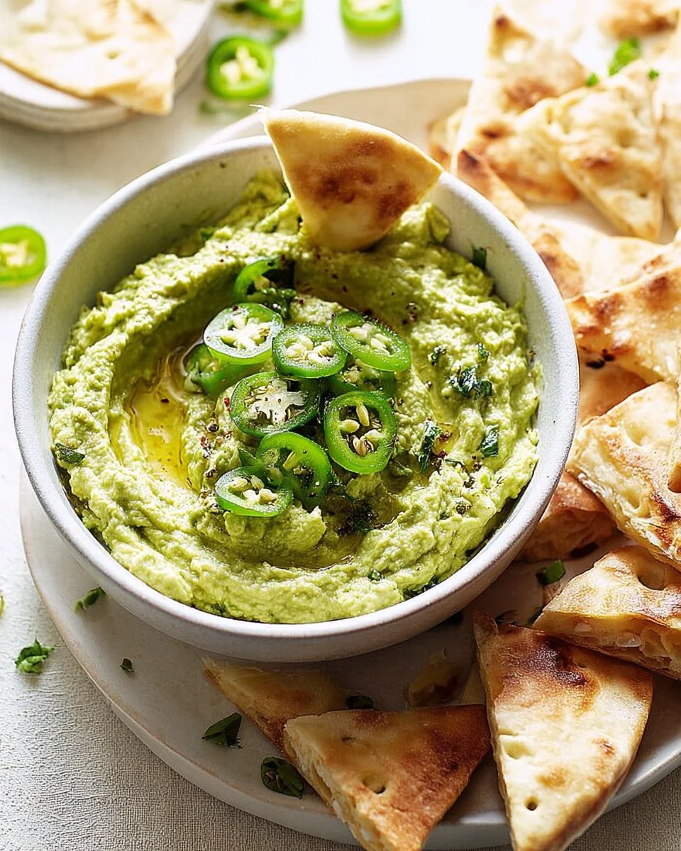 Bowl of Cilantro Jalapeno Hummus with fresh herbs and spices