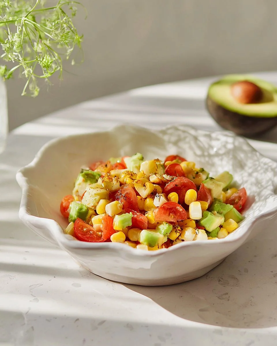 Delicious Corn Avocado Salsa served in a bowl with fresh ingredients