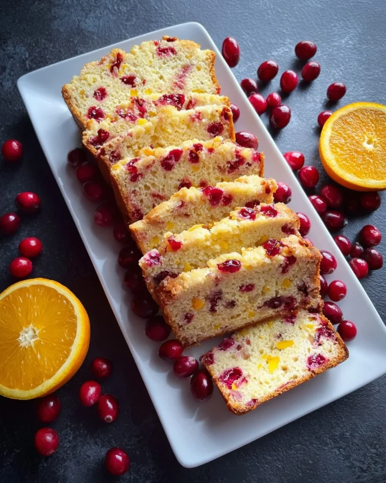 Freshly baked Cranberry Orange Bread loaf on a wooden table