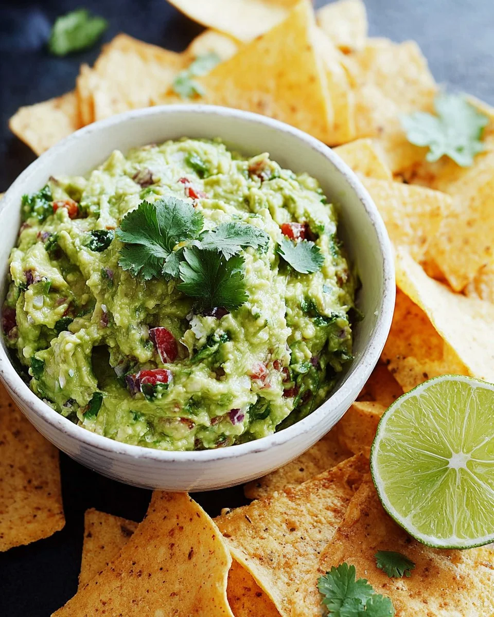 Bowl of Crowd Pleaser Guacamole topped with diced tomatoes and cilantro