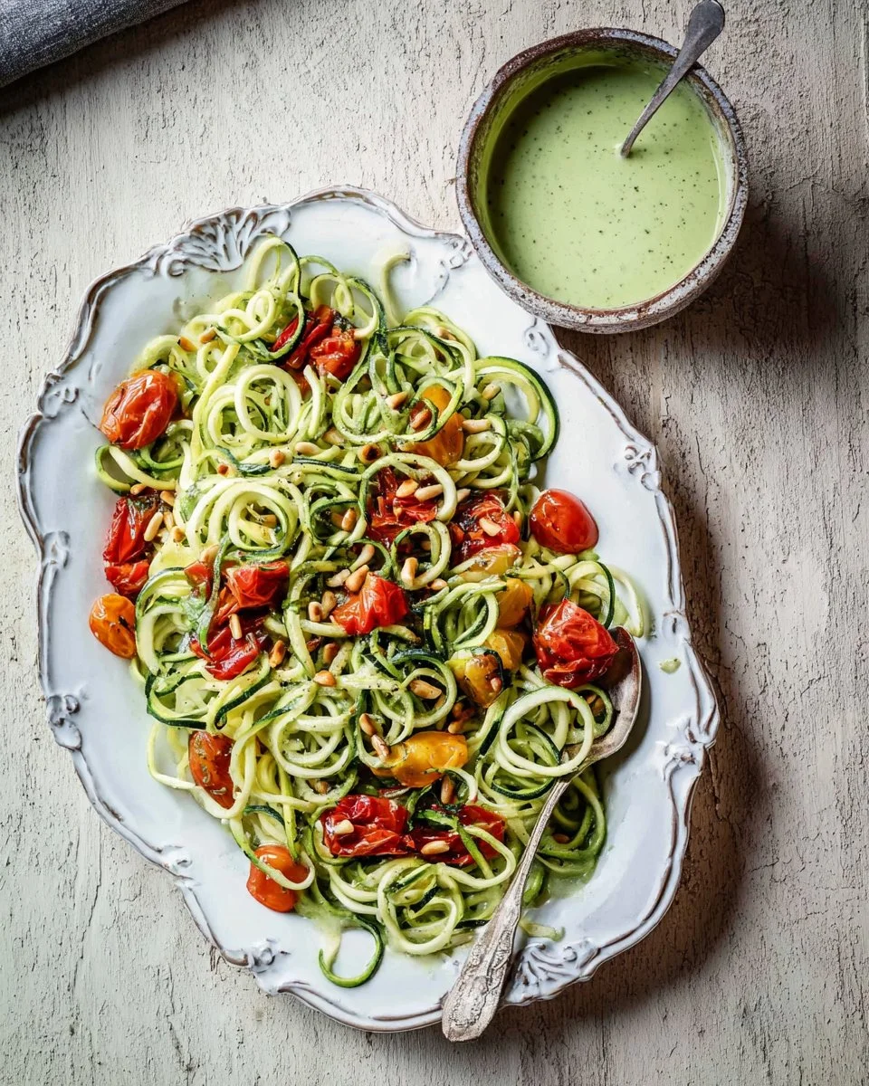 Dairy-free creamy basil sauce drizzled over zoodles in a vibrant dish.