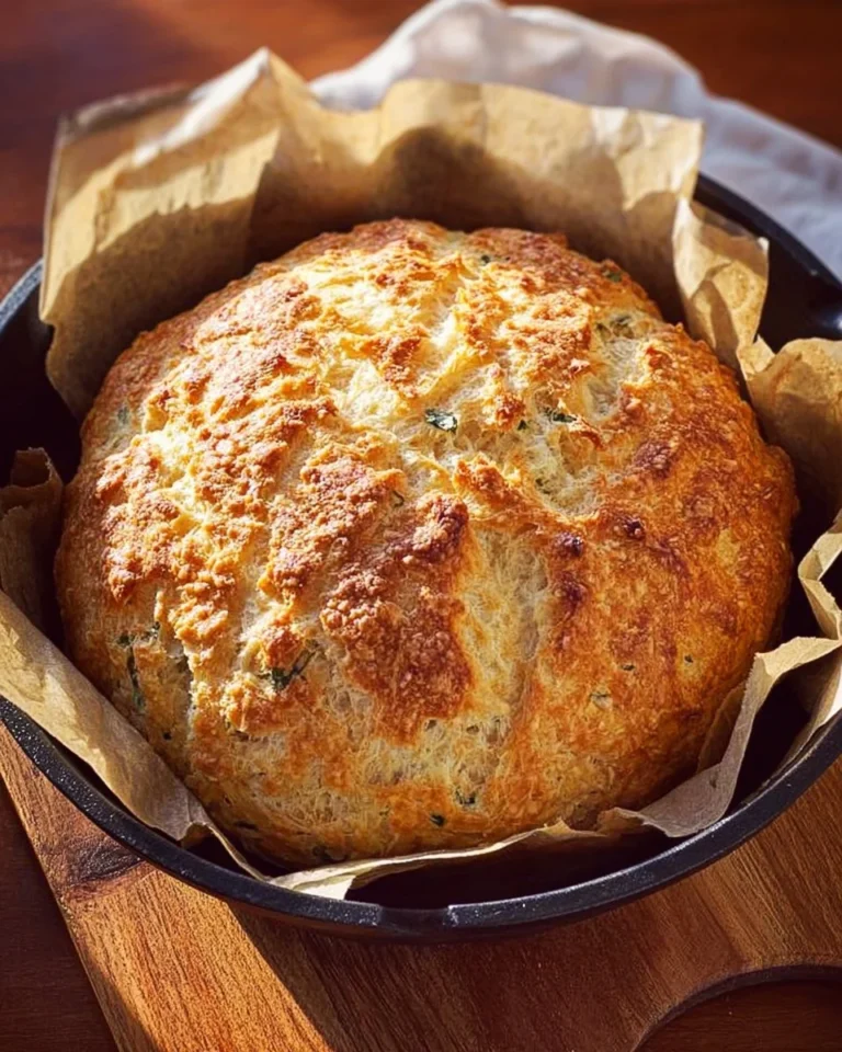 Loaf of easy Cheddar & Herb Irish soda bread on a wooden cutting board