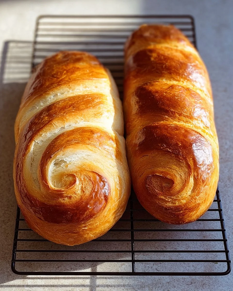 Freshly baked easy French bread baguettes on a wooden surface.