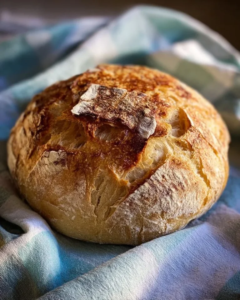 Freshly baked no-knead artisan bread on a wooden table.