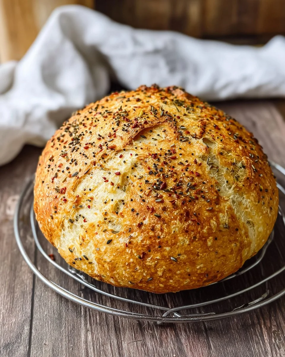 Loaf of Everything Bagel No-Knead Bread with toppings on a wooden board