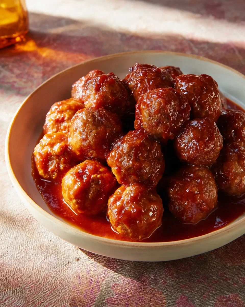 Plate of grape jelly meatballs ready to serve as a tasty appetizer