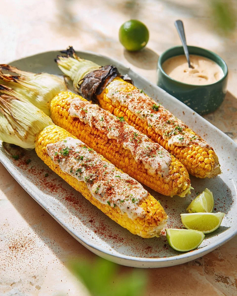 Delicious grilled corn on the cob served with chili lime seasoning